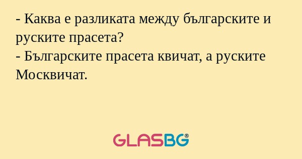 - Каква е разликата между българските и руските прасета?
- Българските прасета квичат, а руските Москвичат.
