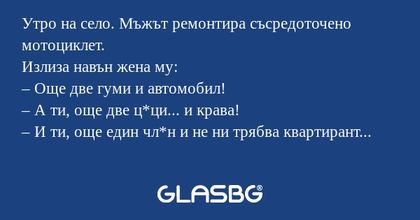 Утро на село. Мъжът ремонтира съсредоточено...