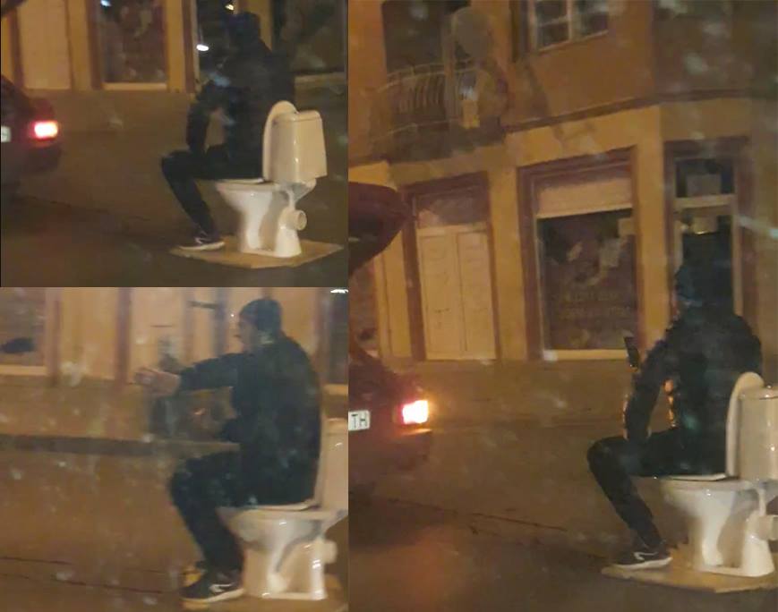 Мъж летя по софийските улици яхнал тоалетна чиния (ВИДЕО)