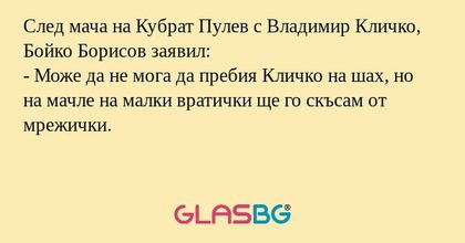 След мача на Кубрат Пулев с Владимир Кличко, Бойко Борисов заявил:
- Може да не мога да пребия Кличко на шах, но на мачле на малки вратички ще го скъсам от мрежички.