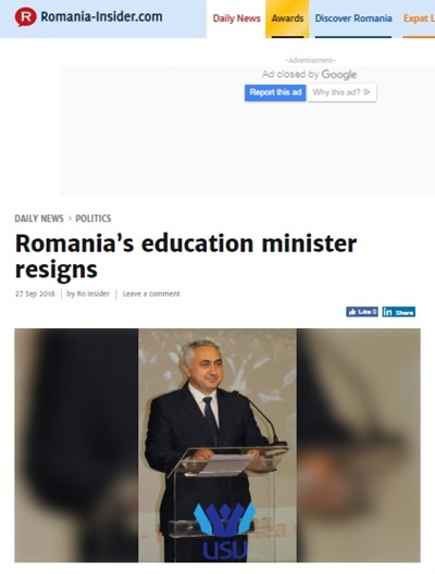 Румънският министър на образованието Валентин Попа подаде оставка
