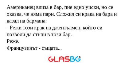 Американец влиза в бар, пие едно...