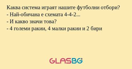 Каква система играят нашите футболни отбори?
- Най-обичана е схемата 4-4-2...
- И какво значи това?
- 4 големи ракии, 4 малки ракии и 2 бири