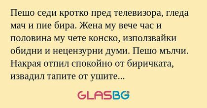 Пешо седи кротко пред телевизора...