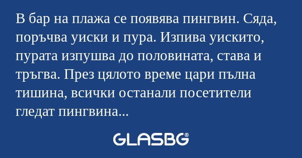 В бар на плажа се появява пингвин...